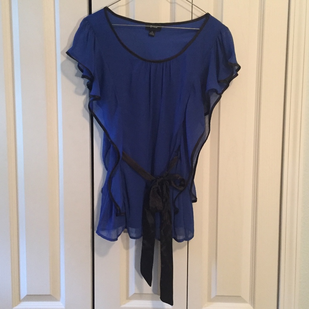Royal Blue Blouse with Black Ribbon Tie